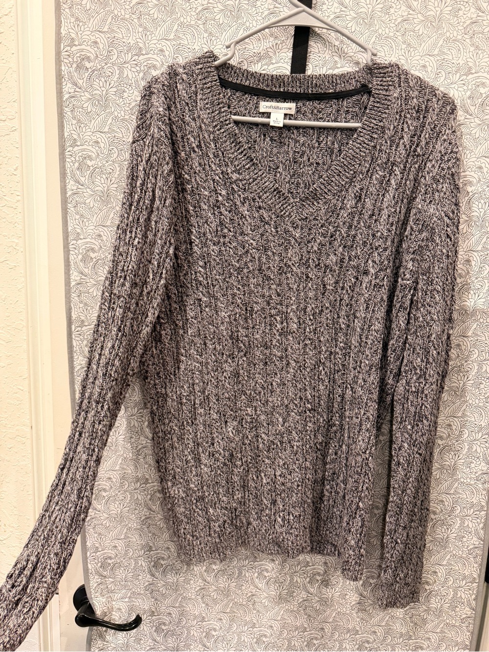 croft & barrow Gray Marled V-Neck Cable Knit Sweater